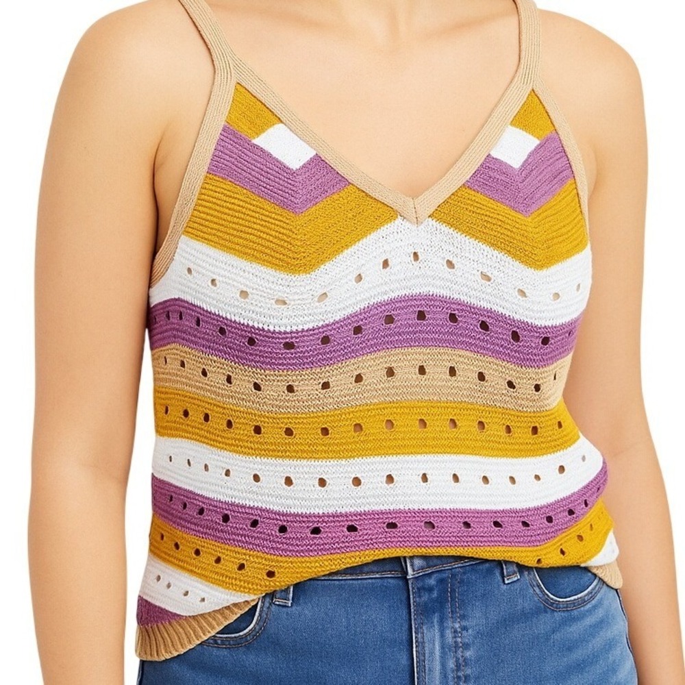Ultra Flirt Crochet Stripe Knit Cami Tank Top Womens 1X Yellow Purple Boho NWT